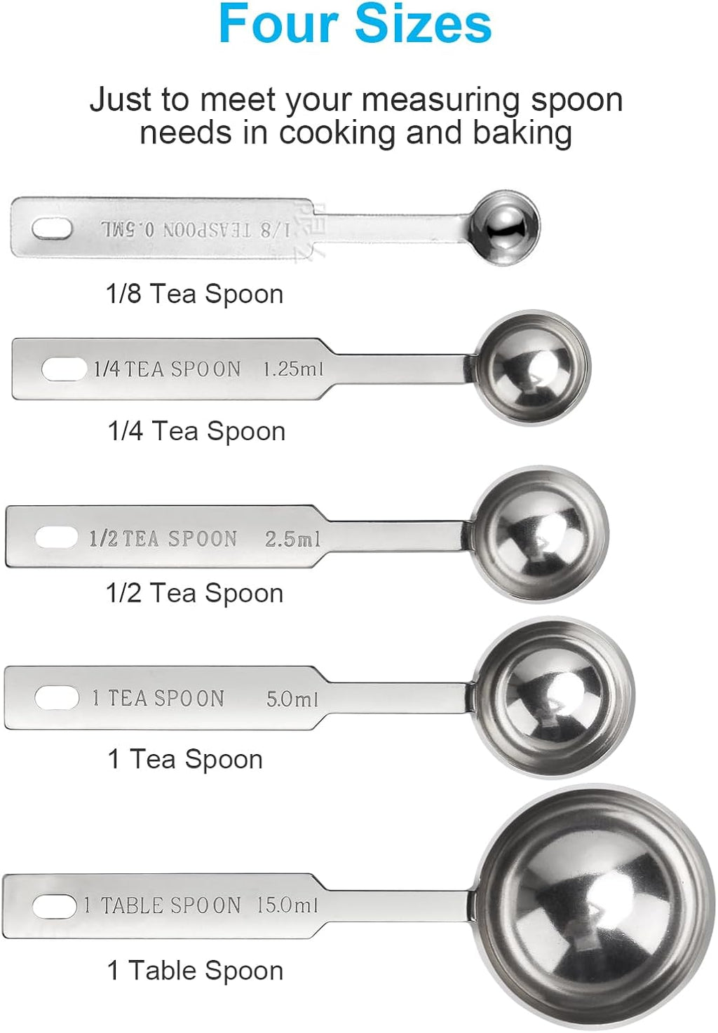 5PCS  Measuring Spoons Set, Includes 1/8 Tsp, 1/4 Tsp, 1/2 Tsp, 1 Tsp, 1 Tbsp, Food Grade Stainless Steel Measuring Cups, Tablespoon and Teaspoon for Measure