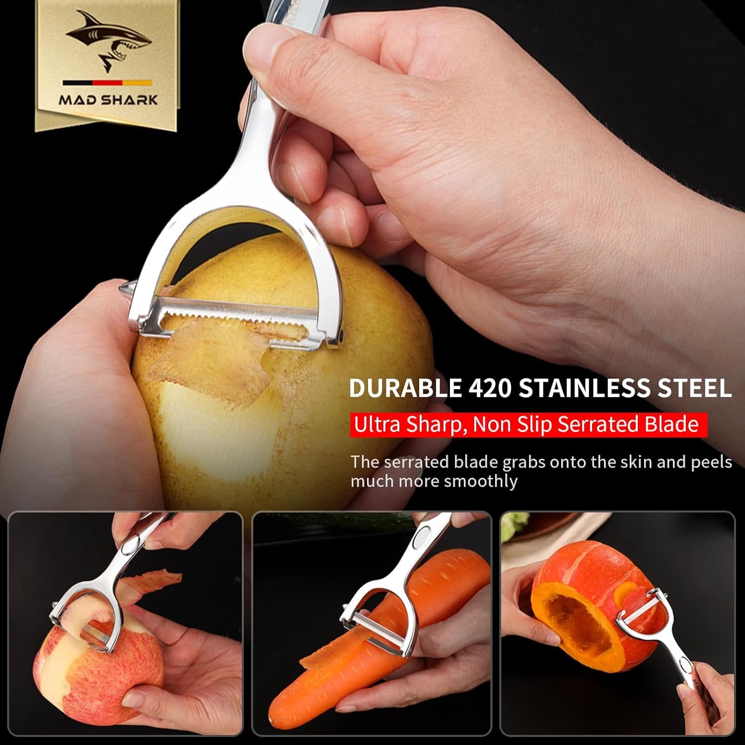 Ultra Sharp Vegetable Peelers for Kitchen 10 Years No Rust Stainless Steel Serrated Potato Peeler Easy to Use Y Peeler with Durable Non-Slip Ergonomic Grips for Carrots, Fruits, Veggie